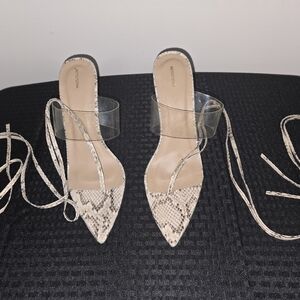 PrettyLittleThing Tan Cream Heels with Lace-Up Detail
